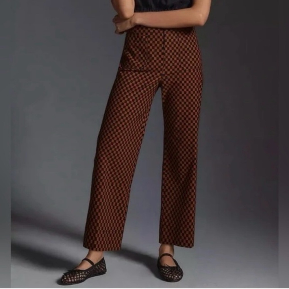 Anthropologie Brown Checkered Straight Leg Pants